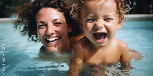 laughing mother and child on the pool's tiled floor, generative AI