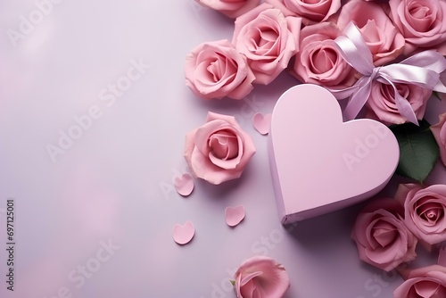 rose, heart shape and gift box place on the left side, top view, valentine's concept, sweet color