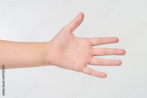 Child hand on white background.