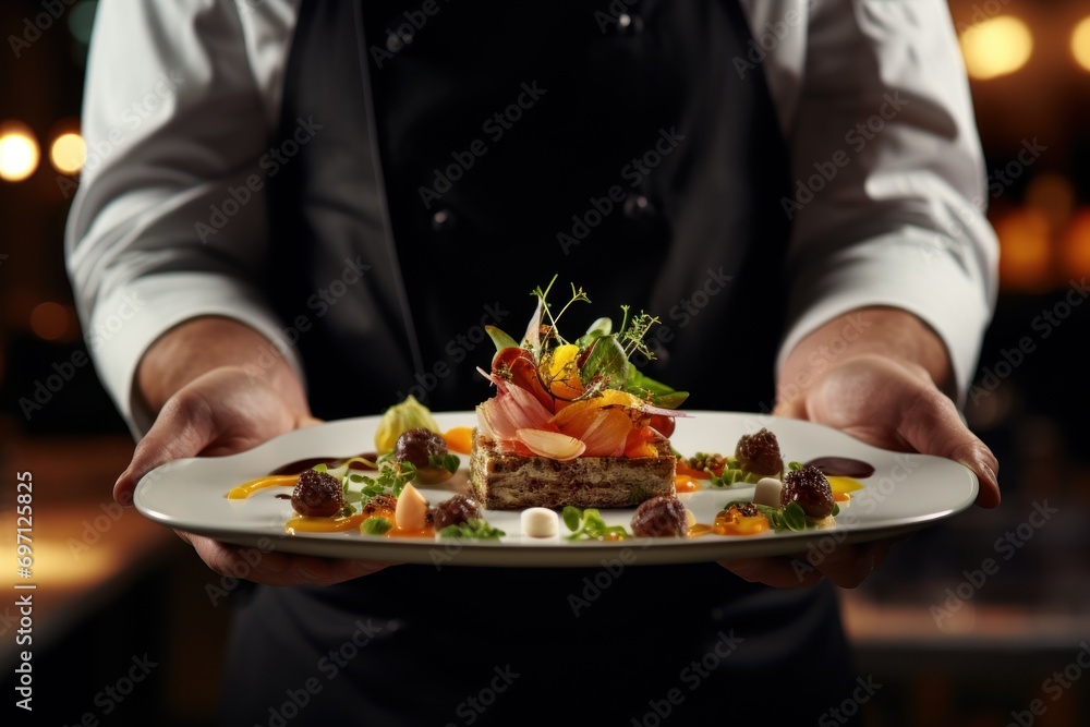 A chef presenting a gourmet dish in a high-end restaurant, emphasizing culinary art, luxury, and taste.