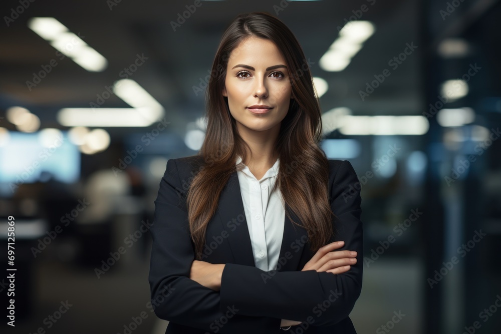 A confident businesswoman in a modern office, looking at the camera with determination. A confident businesswoman in a modern office, looking at the camera with determination.