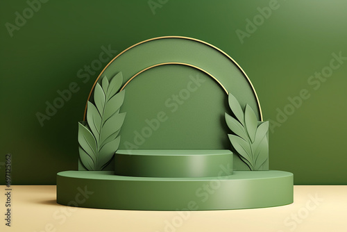 3D rendering model of green round podium base with abstract or plants sculpture props on a green background. Generative AI.