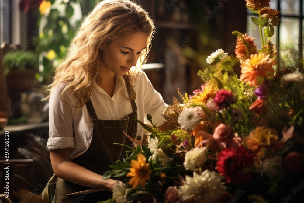 A florist arranging a bouquet of flowers, depicting artistry and the beauty of nature.