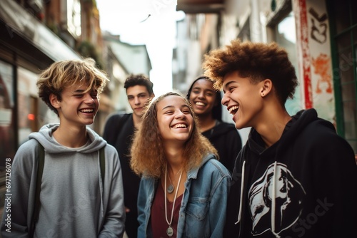 A group of happy teenagers hanging out in an urban setting, portraying youth culture, friendship, and freedom. © Jelena