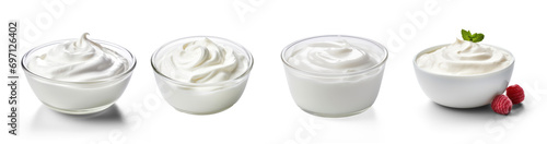Collection of bowl of fresh greek yogurt or sour cream on isolate transparency background, PNG photo