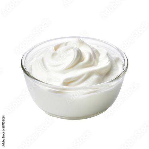 bowl of fresh greek yogurt or sour cream on isolate transparency background, PNG photo