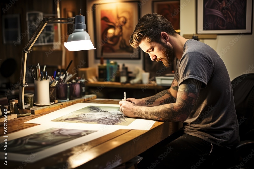 A tattoo artist working on a design, representing artistry, individuality, and tattoo culture. A tattoo artist working on a design, representing artistry, individuality, and tattoo culture.