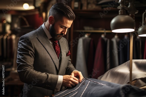 A tailor fitting a suit, representing craftsmanship, fashion, and bespoke tailoring photo
