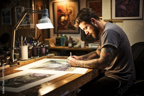 A tattoo artist working on a design, representing artistry, individuality, and tattoo culture.