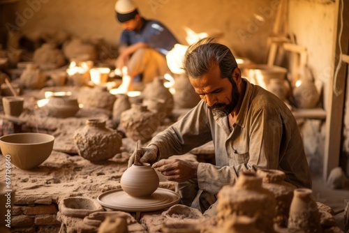 A traditional pottery workshop with artisans at work, crafting and creativity.