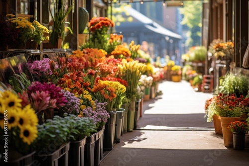 A vibrant flower market with a variety of fresh cut flowers and plants.