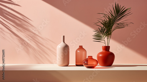 Minimal interior of modern red ceramic vase with palm leaves on surface. Sunlight on pink wall, pink and red vase arrangement for decoration. Luxury skincare, cosmetic, beauty product still life. 