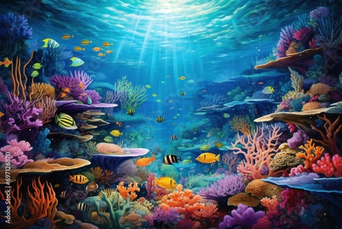 An underwater scene with colorful coral and diverse marine life, oceanic wonder.