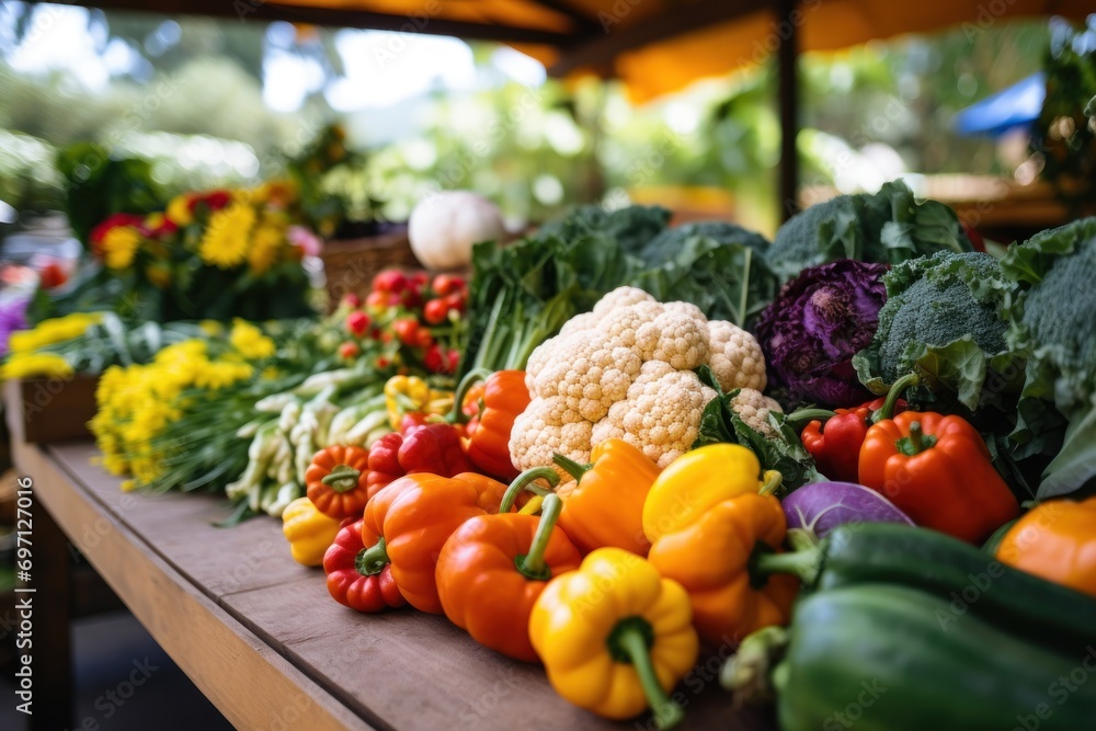 Fresh farmers market produce including fruits, vegetables, and flowers