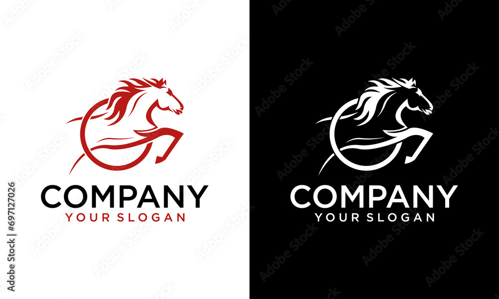 Creative Vector image of horse drawing design with a white background. elegant jumping horse logo. Illustration of line art of horse riding with jockey. Can be used for logos for horse farms. - obrazy, fototapety, plakaty 