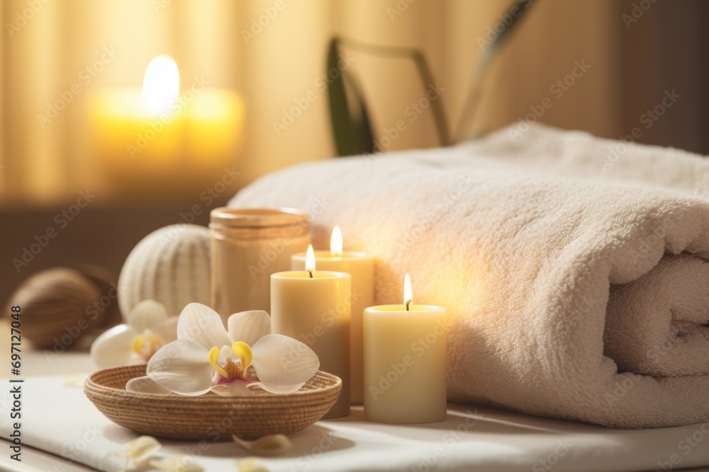 Luxurious spa setting with candles, towels, and relaxing ambiance for wellness and rejuvenation. - obrazy, fototapety, plakaty 