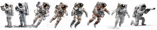 Astronauts standing with helmets set isolated happy man and woman in costumes of spacecraft crew holding hand up, astronauts characters in spacesuits greeting and walking 