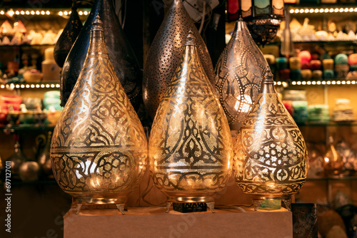 Copper and brass lanterns for sale at Khan Al Khalili Bazaar photo