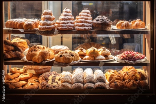 Freshly baked pastries displayed in a bakery window, tempting and delicious.