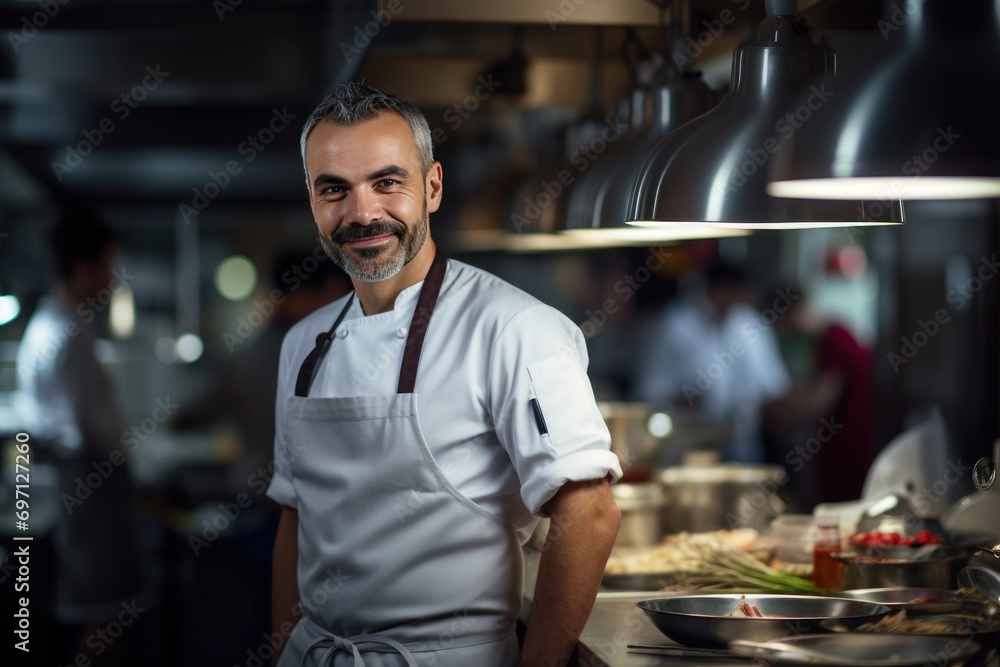 Fototapeta premium Portrait of a chef in a restaurant kitchen, culinary talent and passion.
