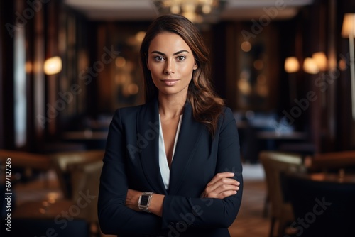 Portrait of a chic boutique hotel manager, sophisticated and professional. photo