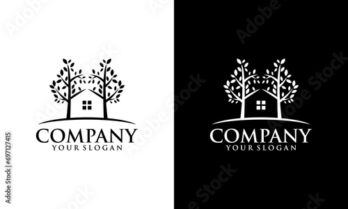 Creative Green Wood Resident Vector logo. Design template of two trees incorporate with a house that made from a simple scratch. it's good for symbolize a property or wooden housing business