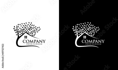 Creative Green Wood Resident Vector logo. Design template of two trees incorporate with a house that made from a simple scratch. it's good for symbolize a property or wooden housing business.