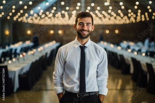 Portrait of a professional event coordinator at a venue, organized and detail-oriented.