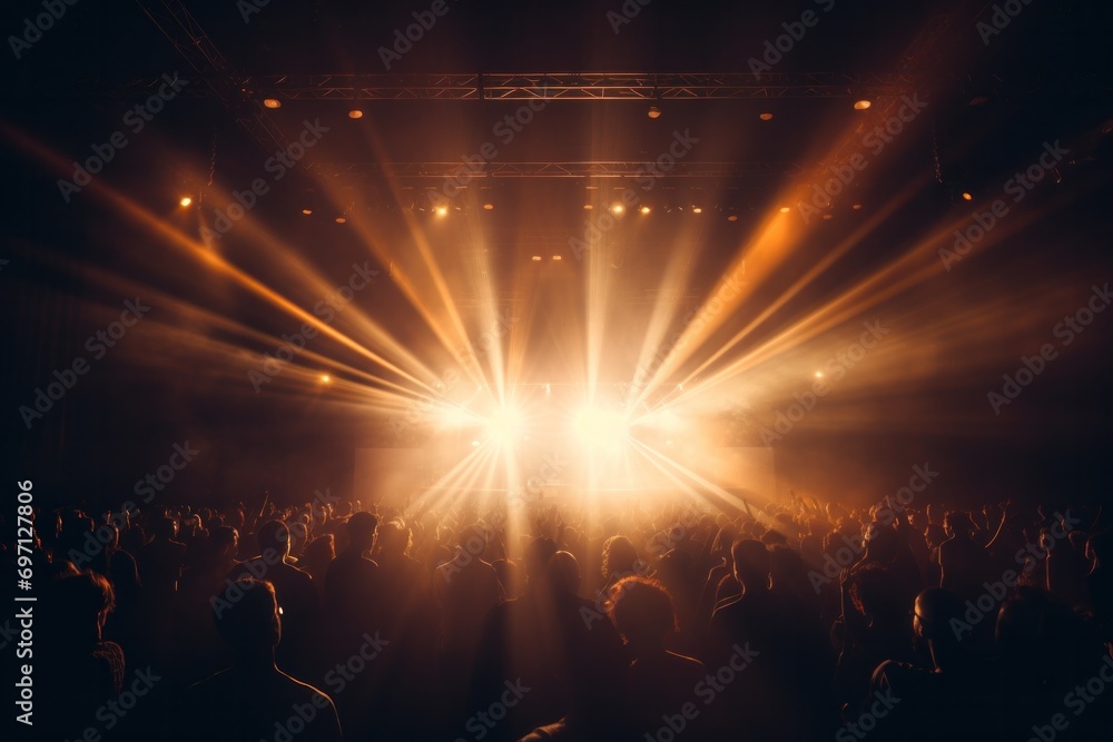 Concert with silhouettes of people clapping in front of a big stage with spotlights View of the crowd at a concert