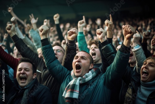 A photograph of a cheering crowd in a football stadium. photo