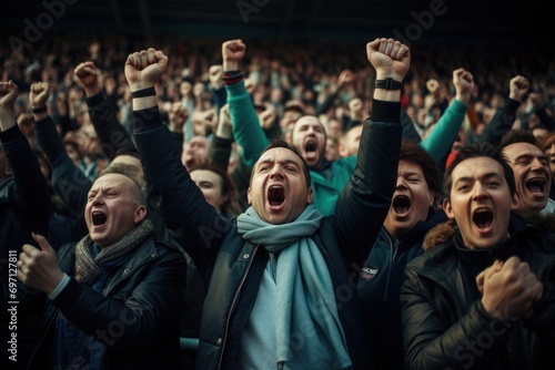 A photograph of a cheering crowd in a football stadium.