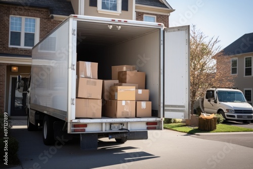An open moving truck filled with cardboard boxes in the driveway of a suburban house © ORG