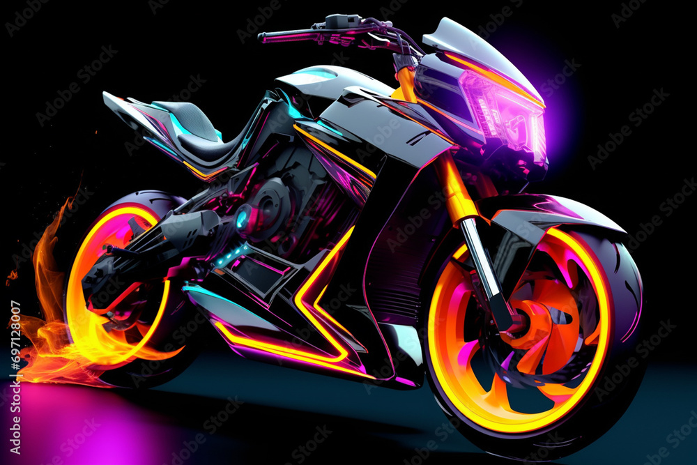 Cruise into the future with this captivating image of a fantasy motorbike adorned with neon lights, speeding along a highway against a dark backdrop.  Generative AI.