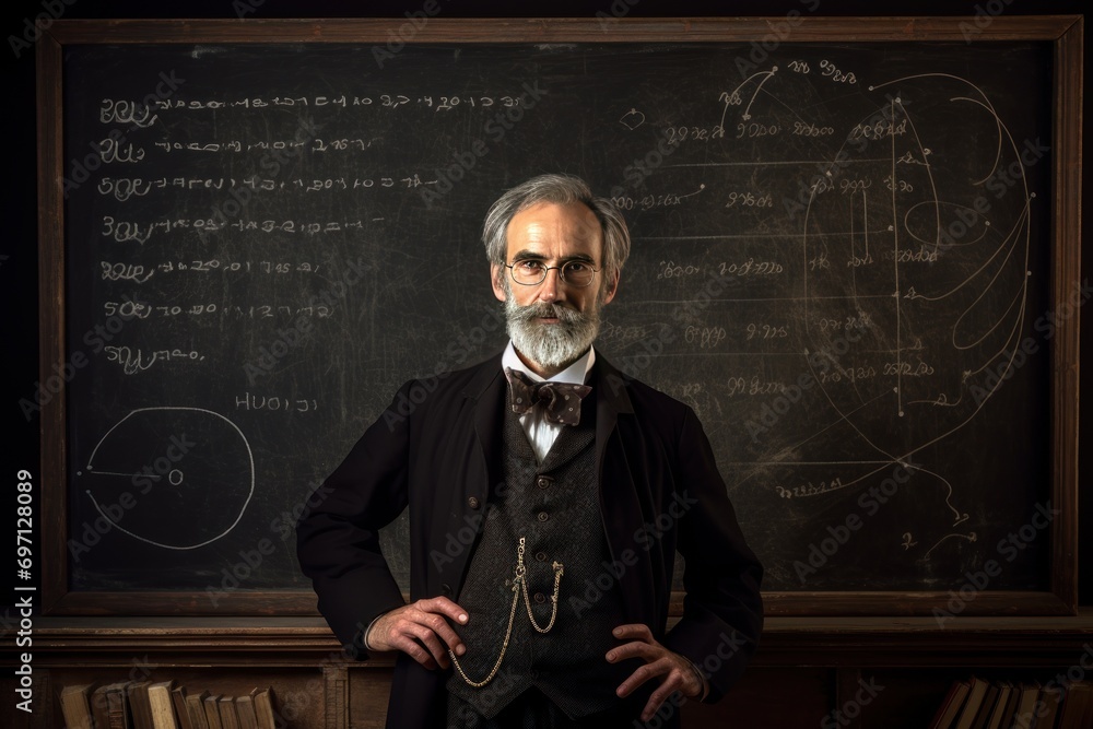 Portrait of a teacher in front of a blackboard, knowledgeable and inspiring.