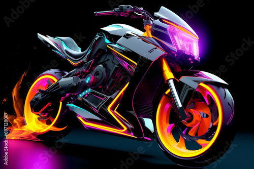 Cruise into the future with this captivating image of a fantasy motorbike adorned with neon lights, speeding along a highway against a dark backdrop. Generative AI.