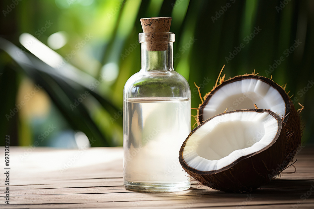 Coconut palm oil bottle with coconuts Coconut palm oil bottle with coconuts