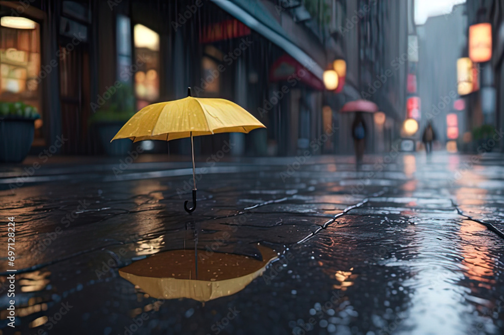 a yellow umbrella that is sitting in the rain