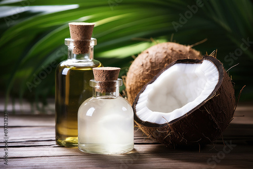 Coconut palm oil bottle with coconuts