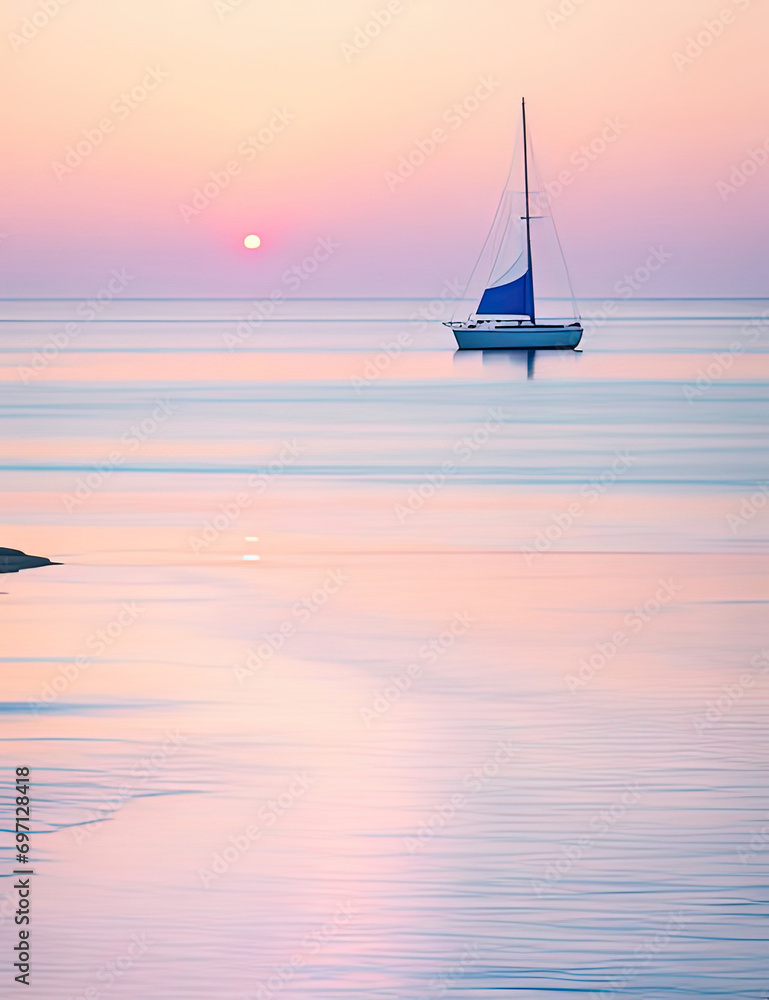 Fototapeta premium a sailboat in the water at sunset with a pink sky