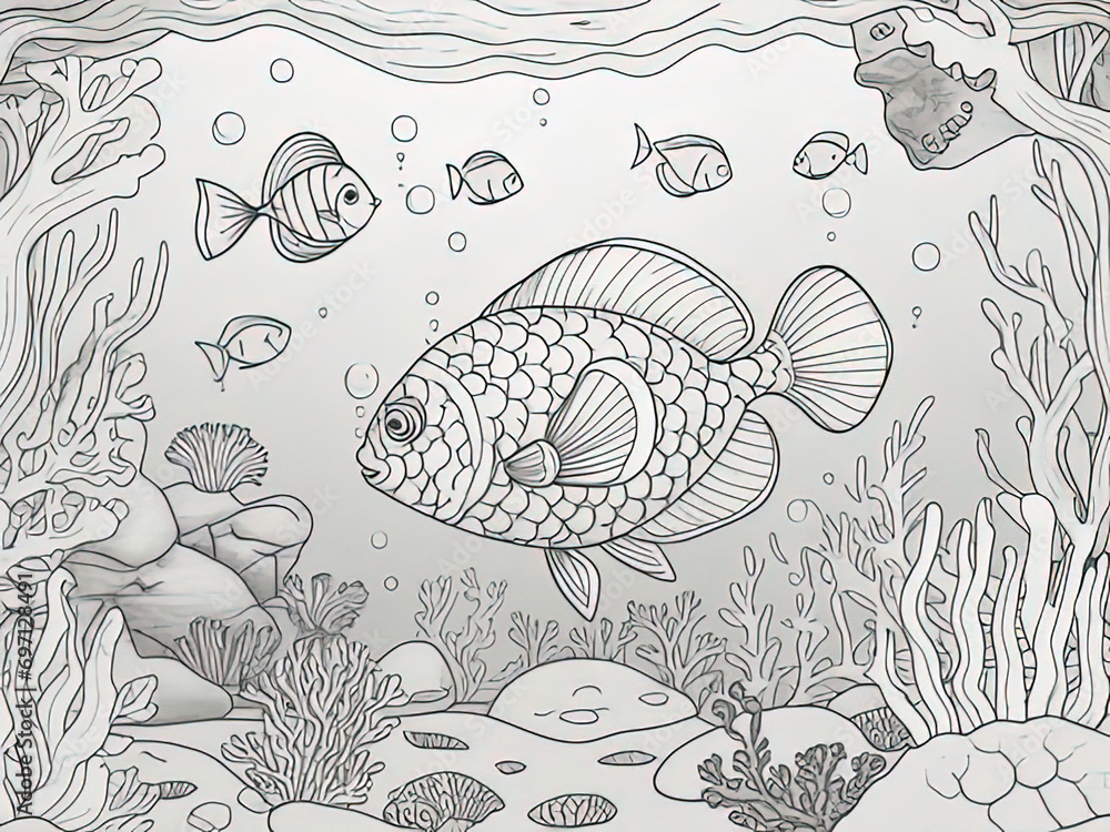 coloring page of a fish and other sea life in a coral reef coloring page of a fish and other sea life in a coral reef