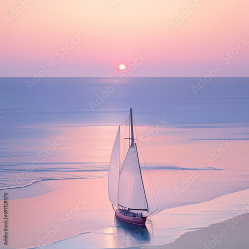 a sailboat on the water at sunset with a pink sky