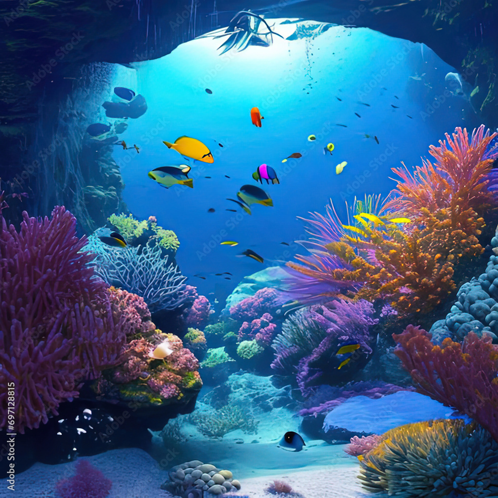 Naklejka premium a many different types of fish in this underwater scene