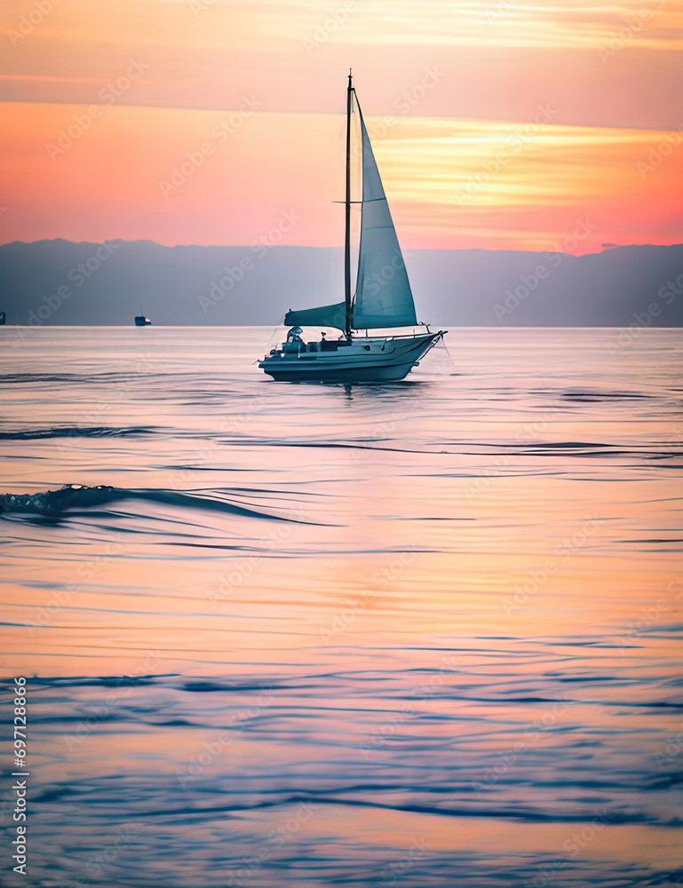 a sailboat sailing in the ocean at sunset