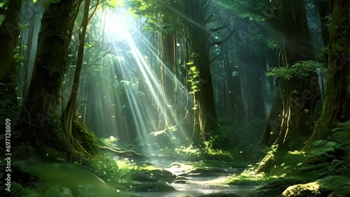 Mysterious beams of light trate the lush foliage of the mystical forest providing Fantasy art concept. photo