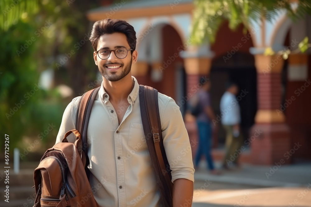 young indian college student standing at college campus - obrazy, fototapety, plakaty 