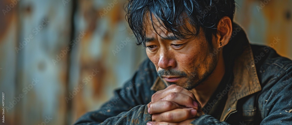 In a studio picture isolated on white, showcasing health care and medical issues, an Asian guy with sadness and wrist pain—possibly from carpal tunnel syndrome—experiences anguish in his arms. - obrazy, fototapety, plakaty 
