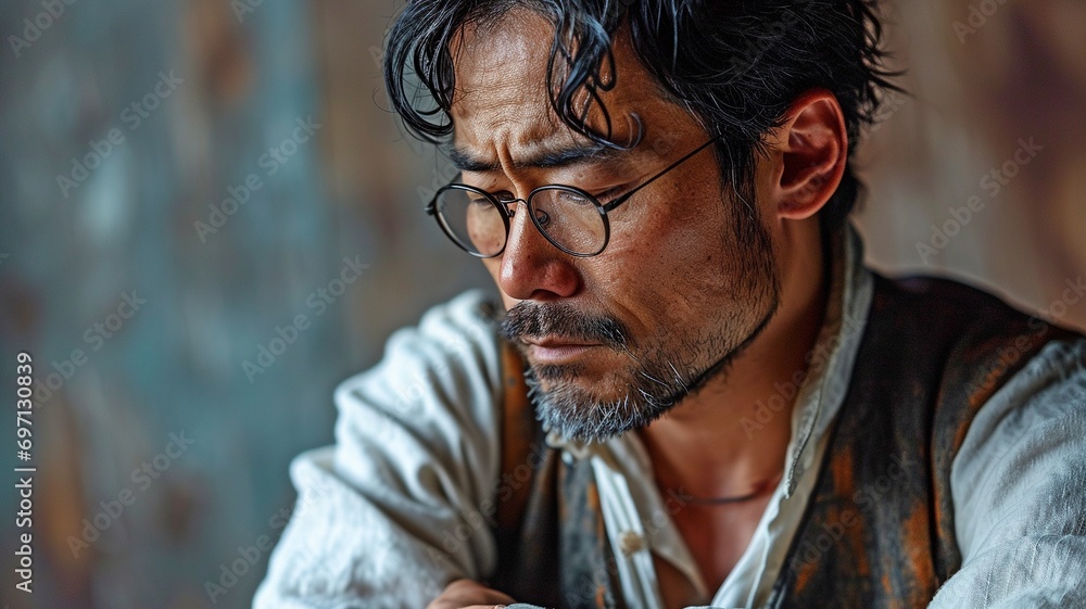 In a studio picture isolated on white, showcasing health care and medical issues, an Asian guy with sadness and wrist pain—possibly from carpal tunnel syndrome—experiences anguish in his arms. - obrazy, fototapety, plakaty 