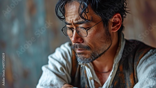 In a studio picture isolated on white, showcasing health care and medical issues, an Asian guy with sadness and wrist pain—possibly from carpal tunnel syndrome—experiences anguish in his arms. photo