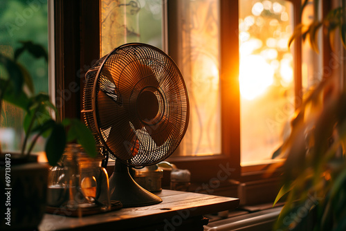 Simple fan in operation in a room with natural light. Heat in summer. Climate change concept.