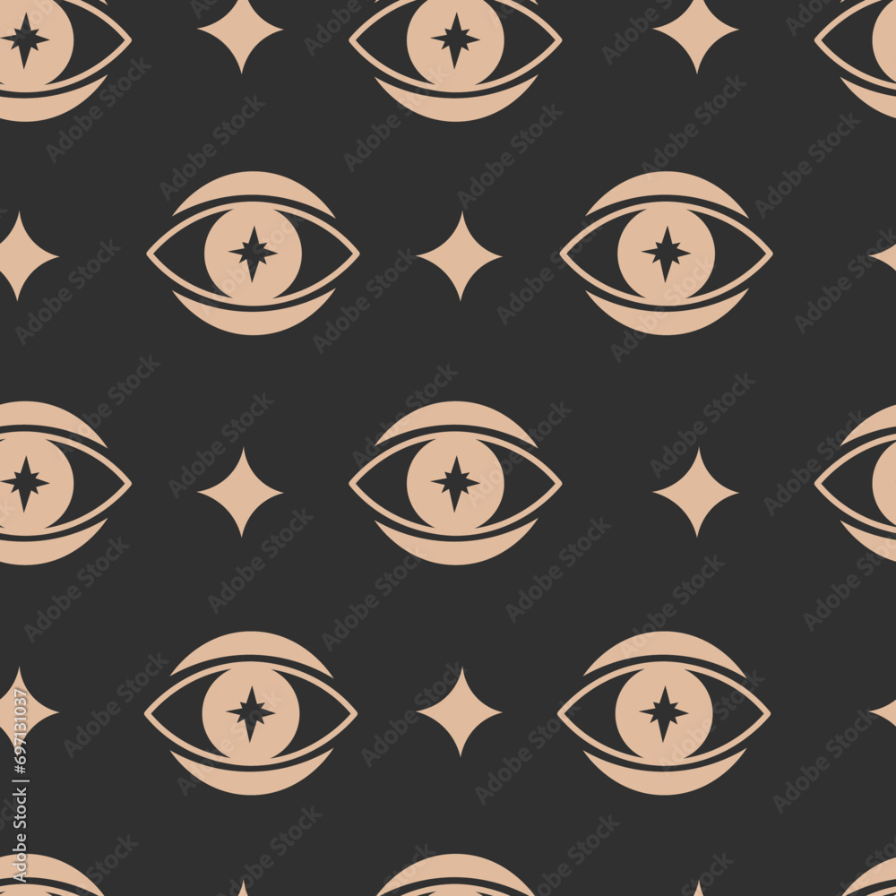 Mystical seamless pattern with eye and star. Stylish esoteric endless background with black and gold colors. Repeat vector illustration for greeting card, wallpaper, wrapping paper, fabric, textile, b